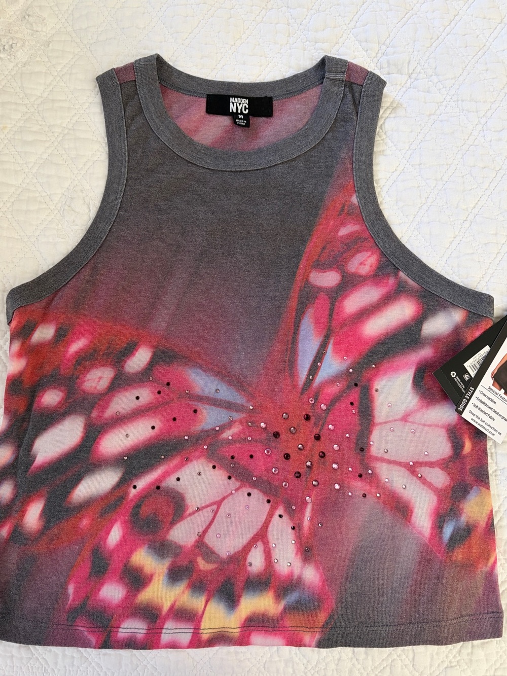 Madden NYC Women's Gray & Pink Butterfly Tank Crop Top